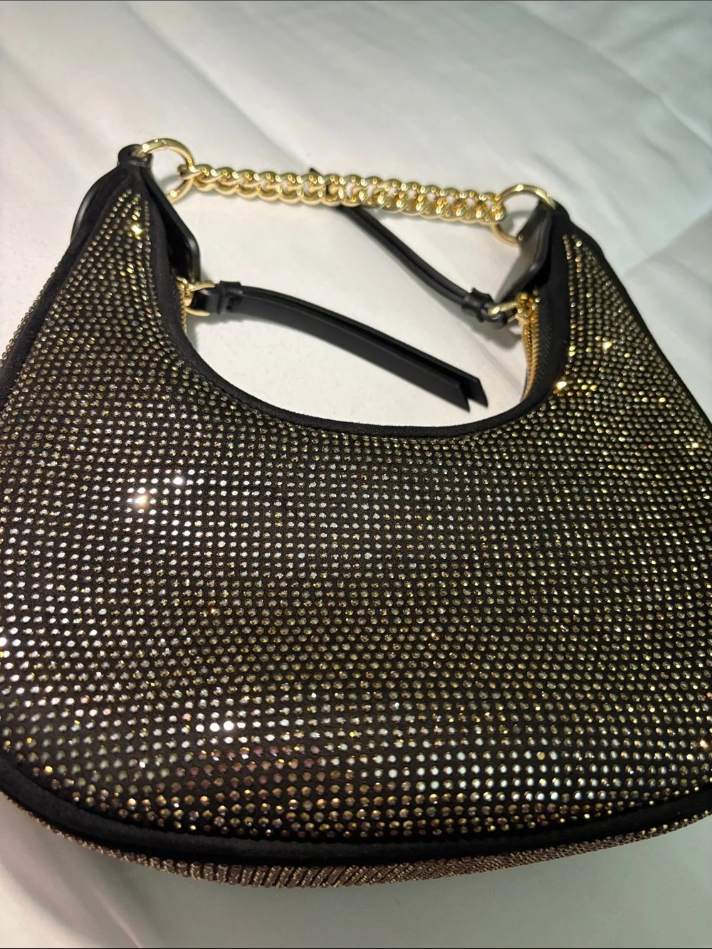 PINKO NEW Brioche bag in black with gold tone rhinestones and gold love birds.